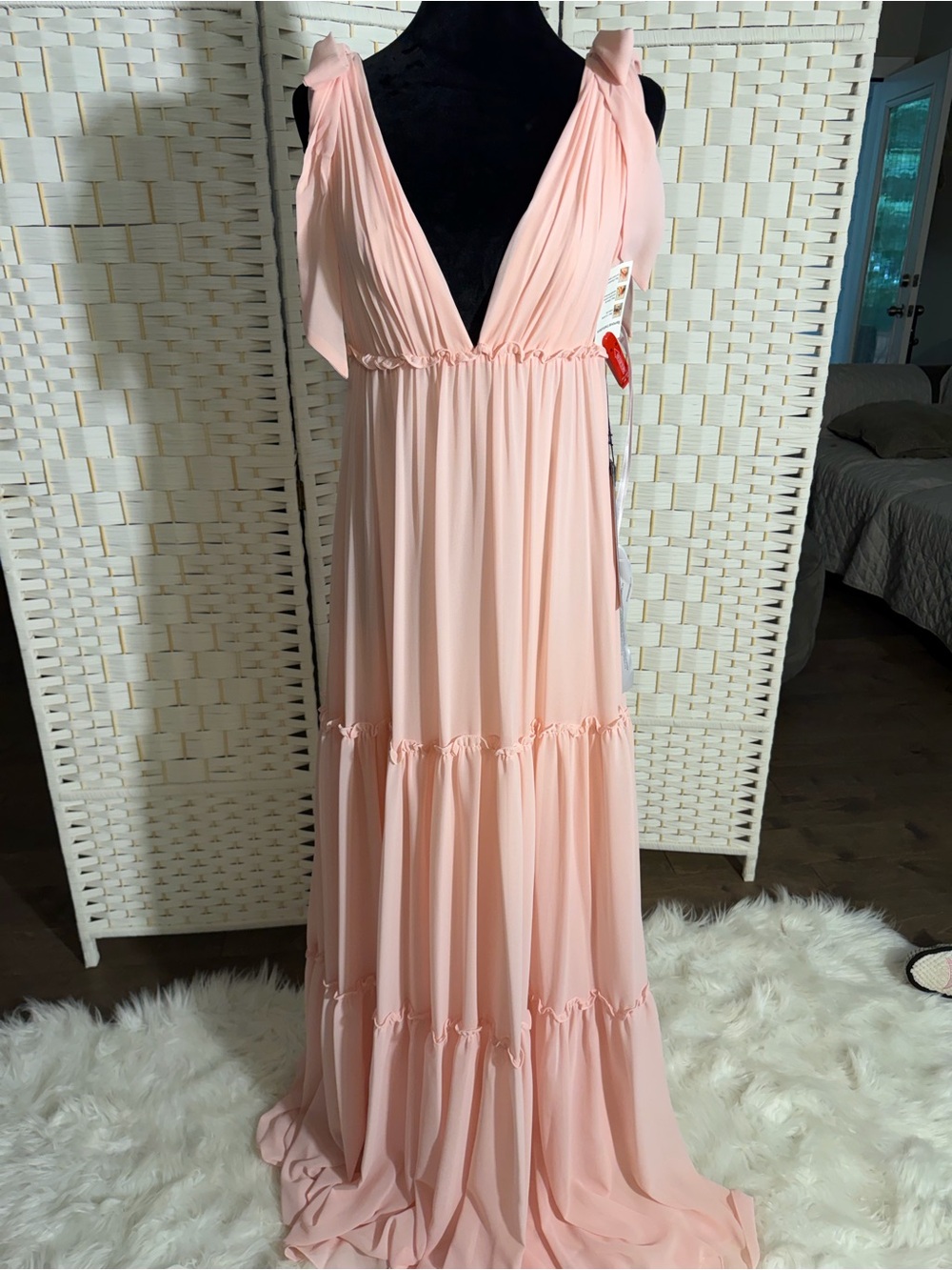 Blush Pink V-Neck Tiered Maxi Dress
